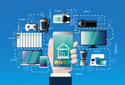 智能家居控制系统手持智能手机应用设备自动化概念现代住宅技术照片